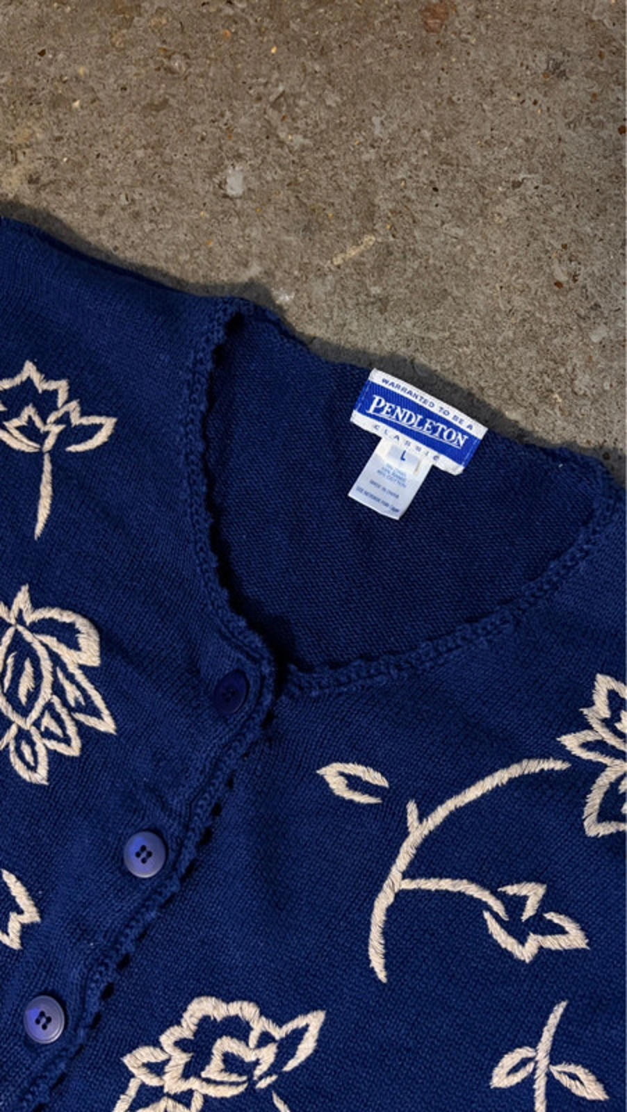Vintage Pendleton Embroidered Cardigan - Navy Blue Floral Knit