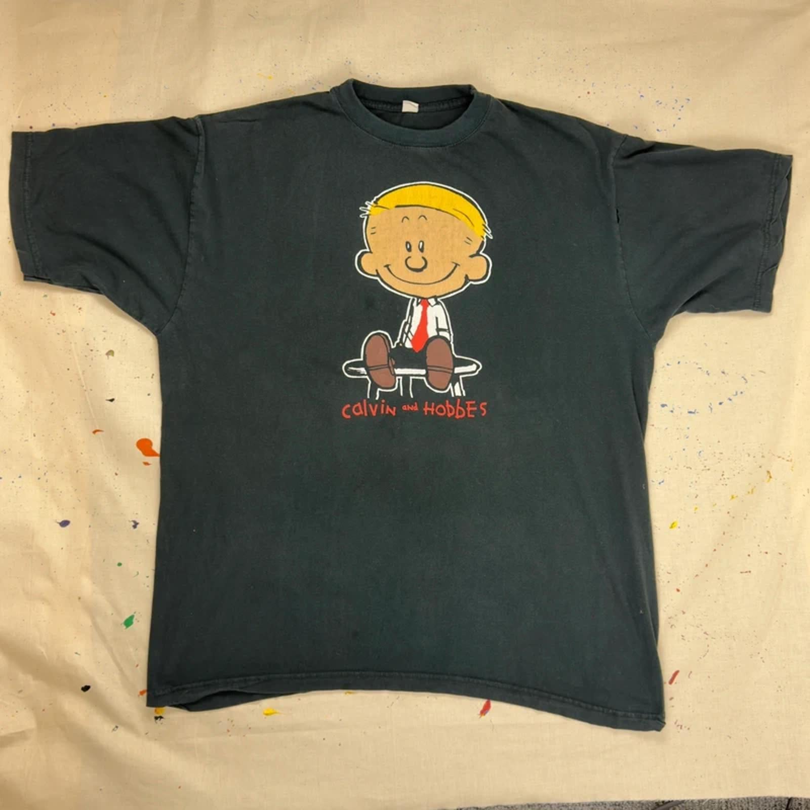 90s Calvin & Hobbes Graphic T-Shirt - Black - XL