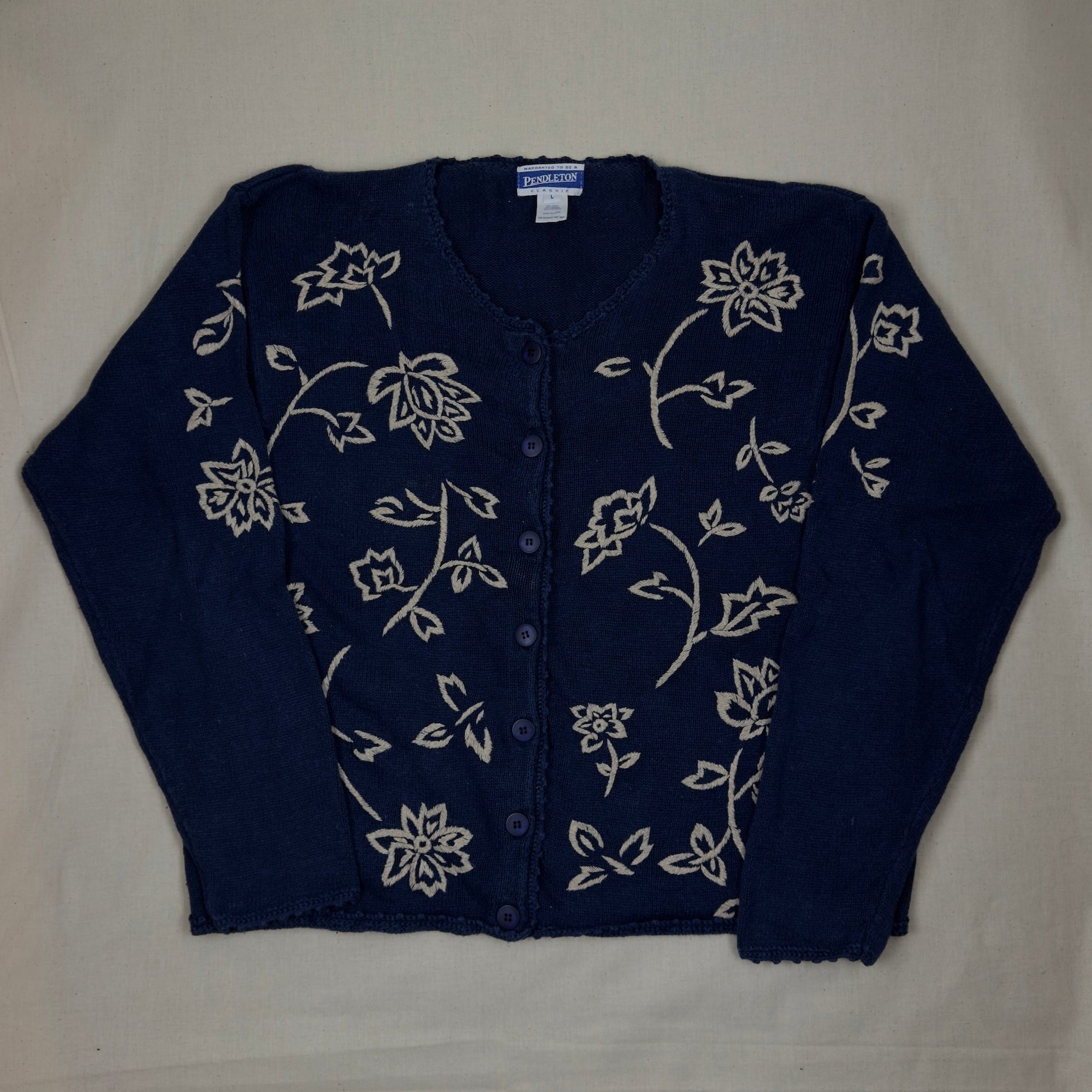 Pendleton - Classic Ramie/Cotton Floral Cardigan - Navy (L)