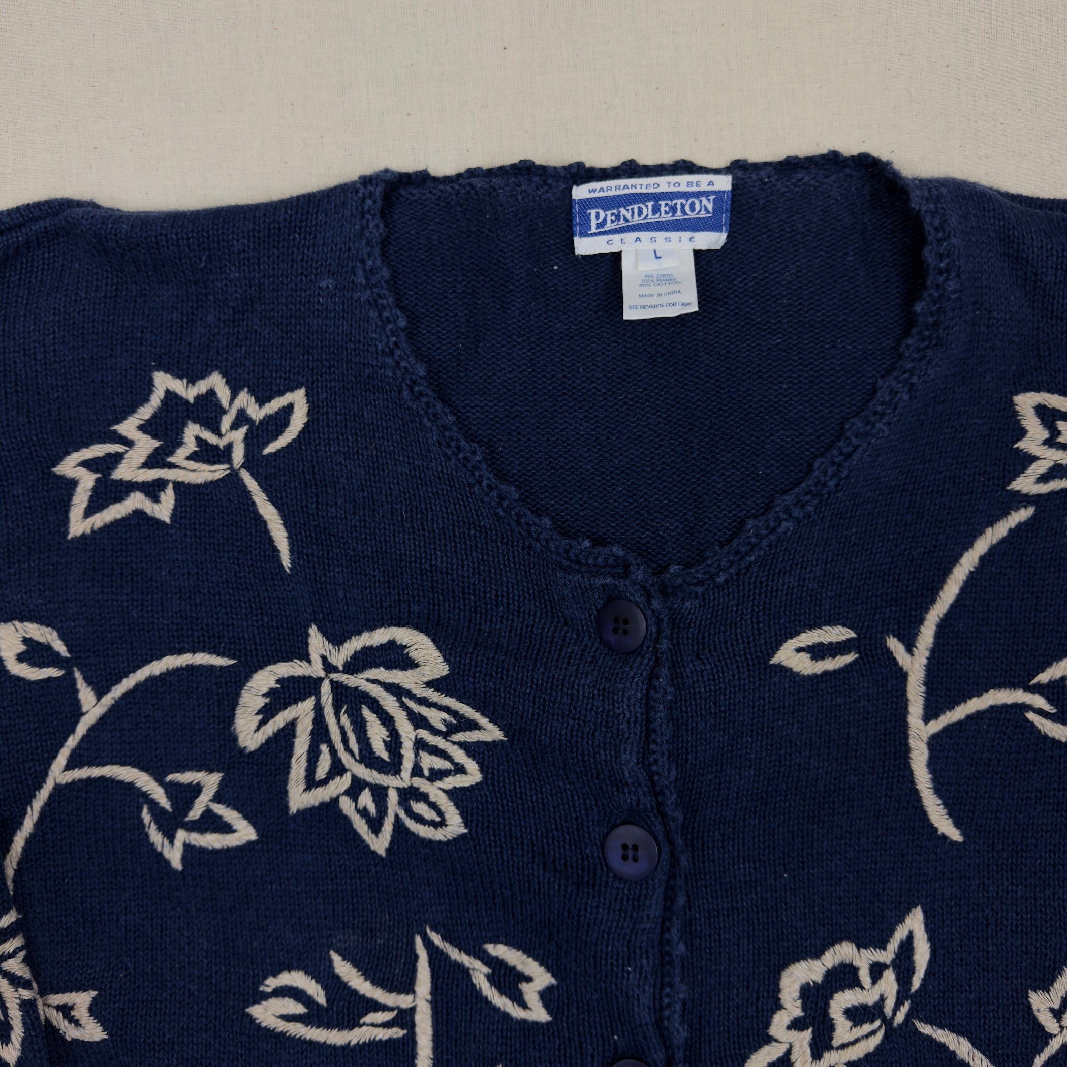 Pendleton - Classic Ramie/Cotton Floral Cardigan - Navy (L)