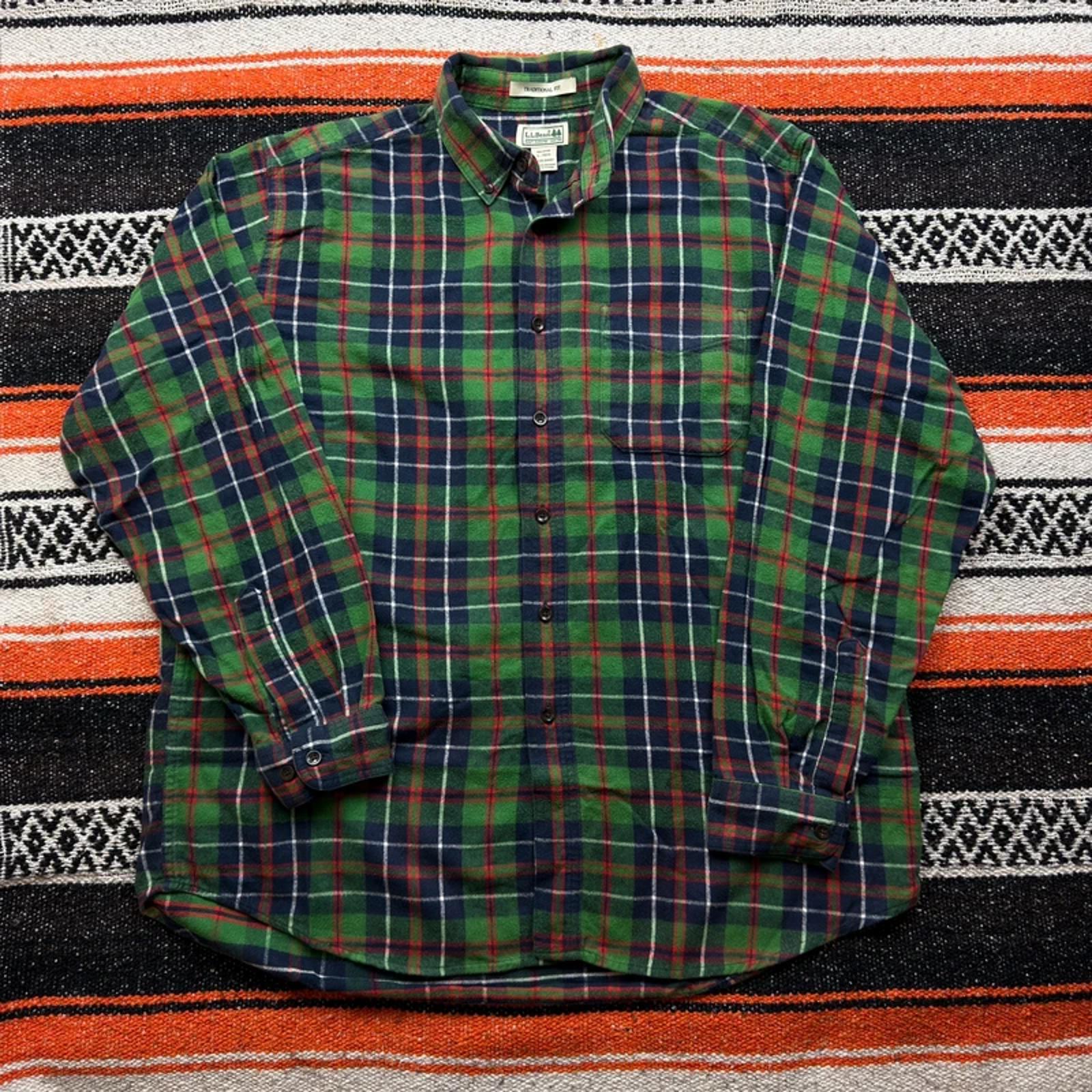 L.L. Bean Scotch Plaid Flannel Shirt - Bright Green & Navy - Size L