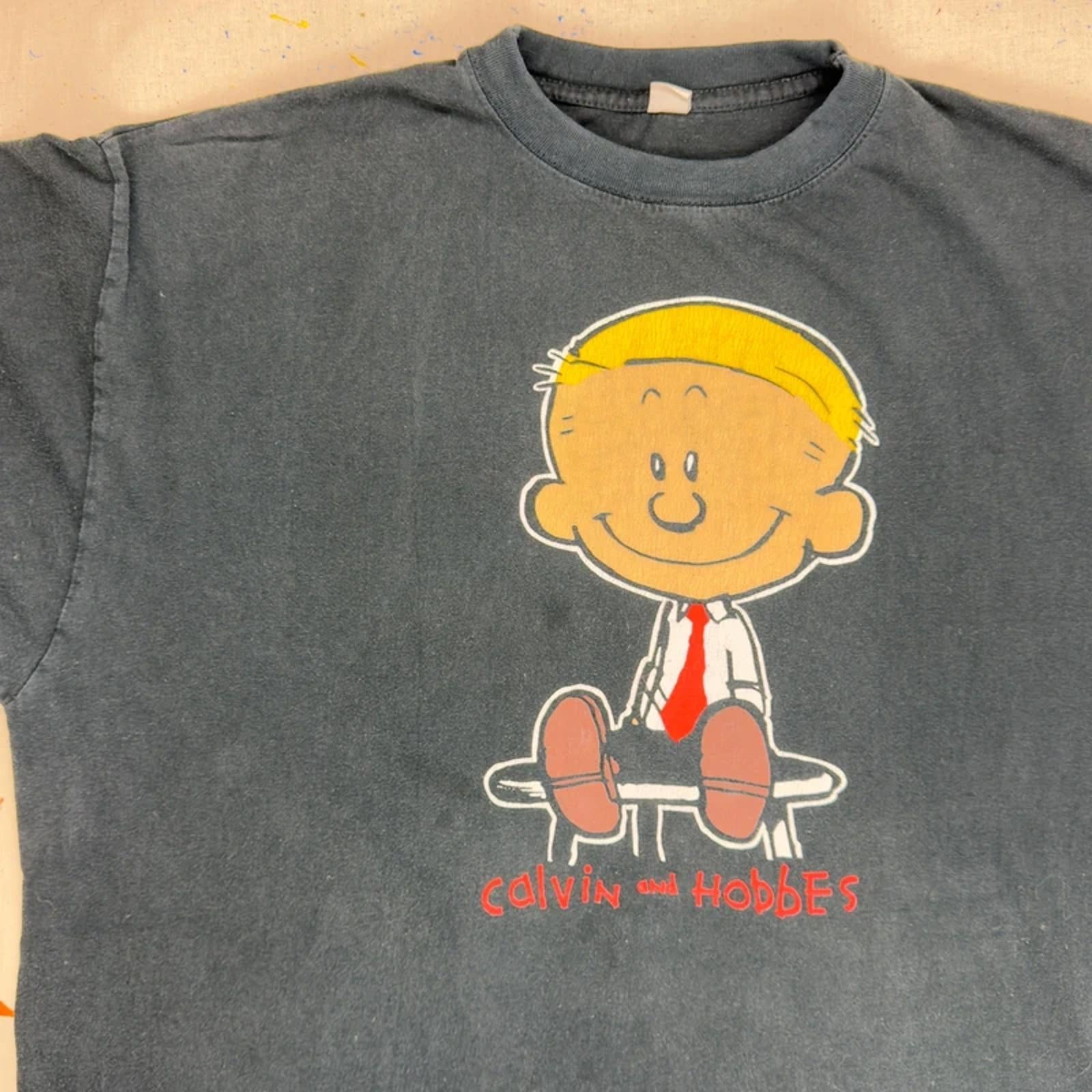 90s Calvin & Hobbes Graphic T-Shirt - Black - XL